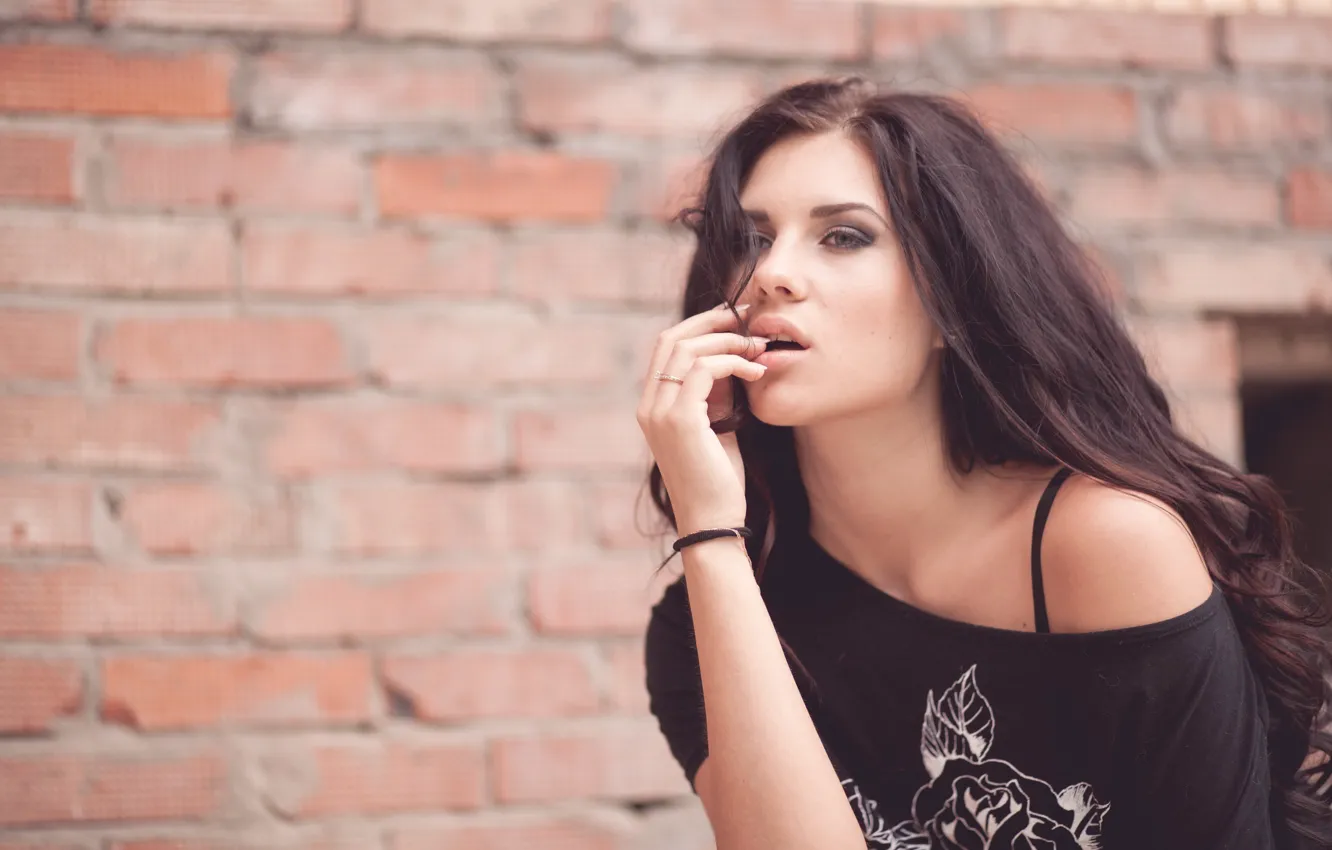 Photo wallpaper girl, wall, brick, brunette, mole, beautiful, mouth, Olga Bikbaeva