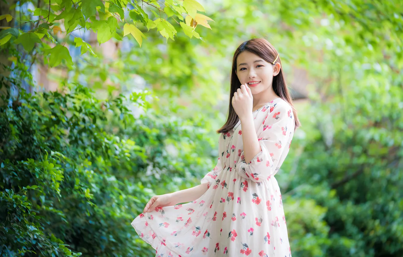 Photo wallpaper girl, smile, Park, dress, Asian, cutie, bokeh