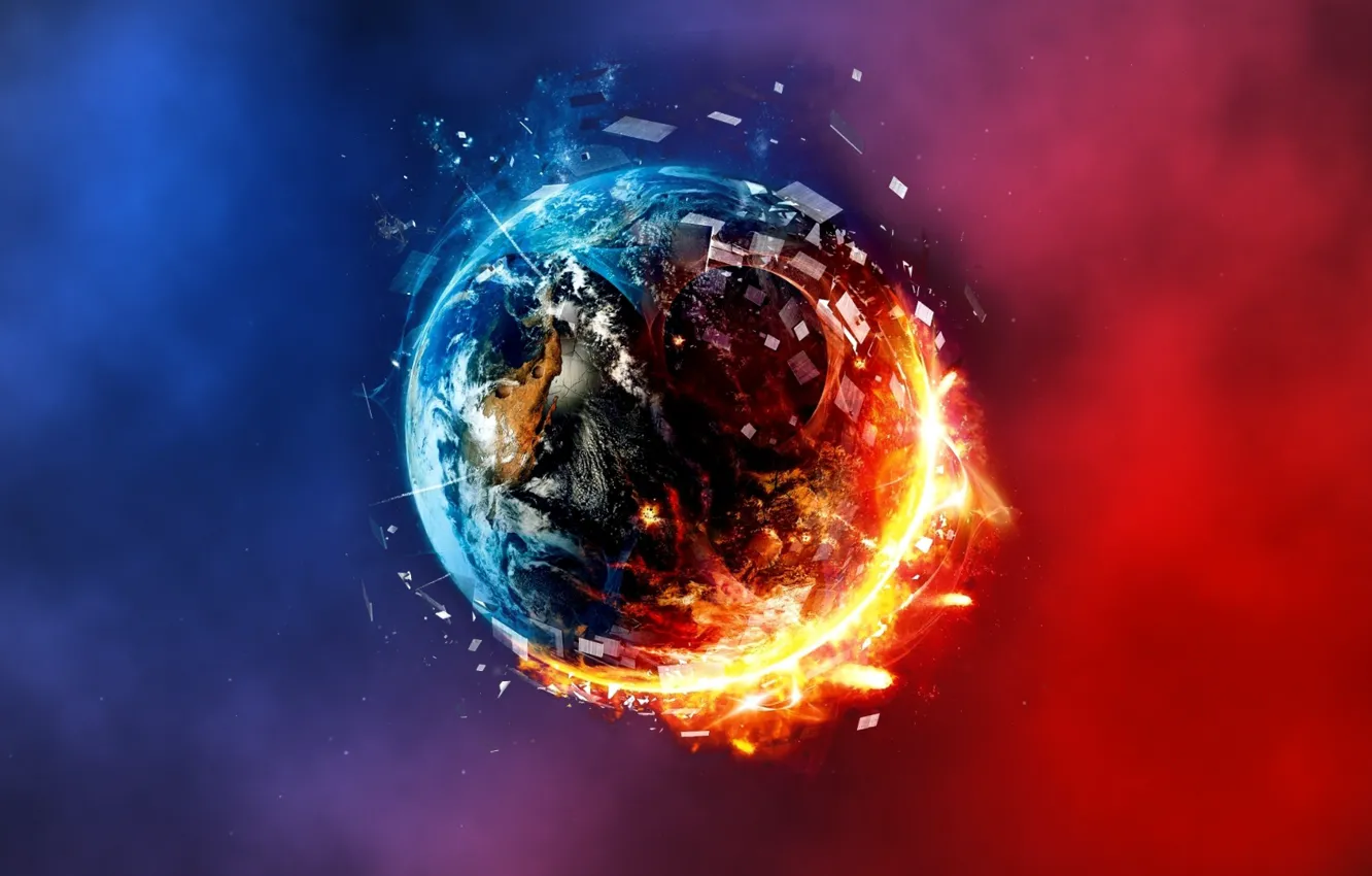 Photo wallpaper abstract, planet, fire and ice, red and blue