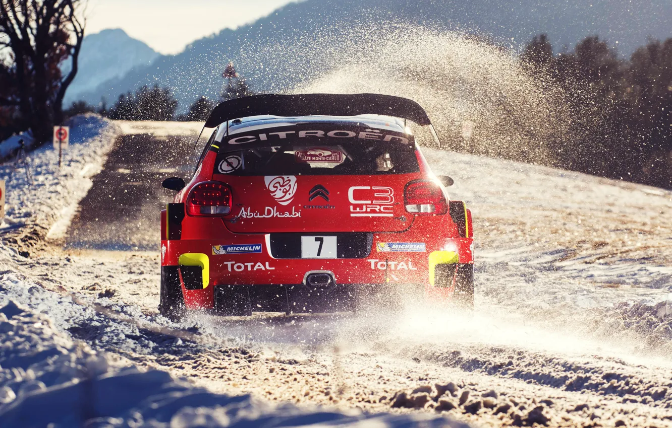 Photo wallpaper Red, Winter, Auto, Snow, Sport, Machine, Race, Citroen