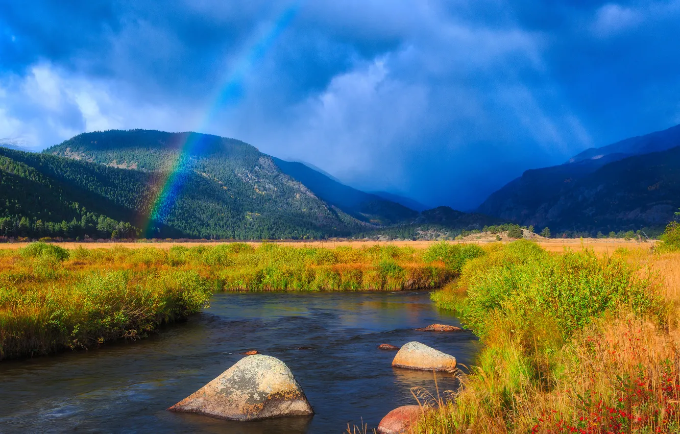 Photo wallpaper mountains, stream, rainbow, Colorado, river, Colorado, Rocky mountains, Rocky Mountains