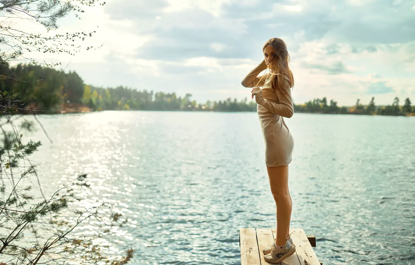 Photo wallpaper look, the sun, trees, landscape, nature, pose, river, model