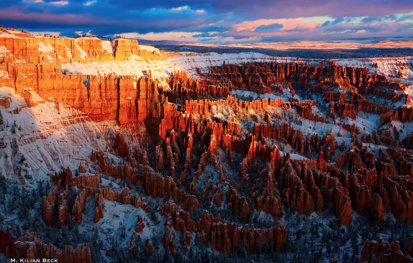 Photo wallpaper the sky, clouds, light, rocks, morning, USA, the first rays, National Park Bryce Canyon