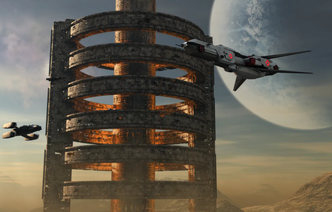 Photo wallpaper desert, station, flying ships