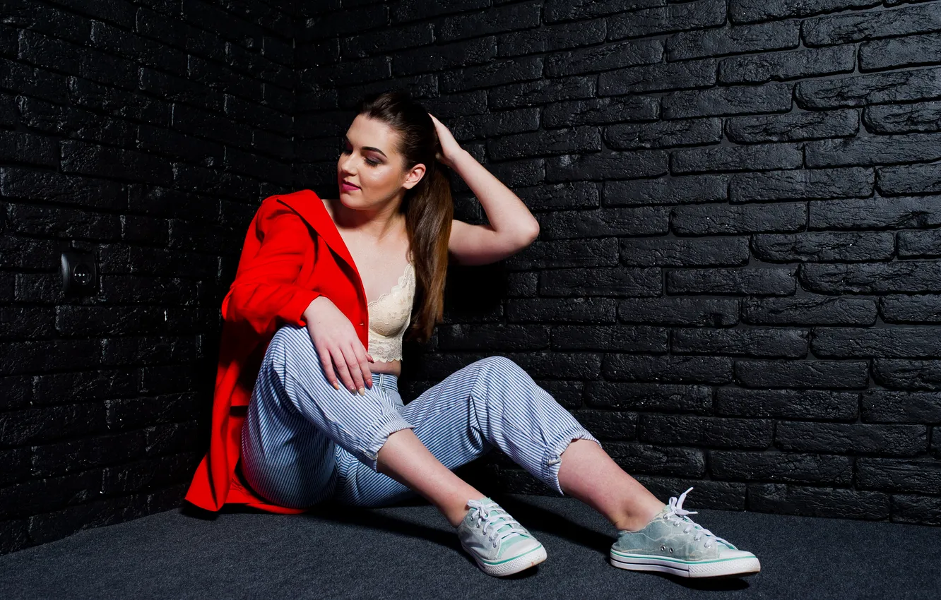 Photo wallpaper girl, brunette, stylish, Red Jacket