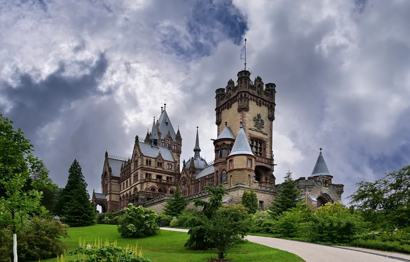 Photo wallpaper clouds, castle, tower, Germany, Dragon Castle