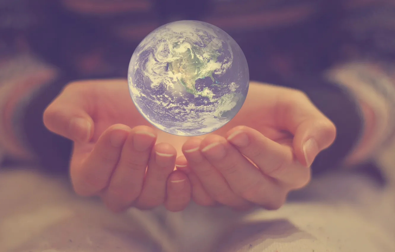 Photo wallpaper earth, the world, planet, ball, hands, fingers