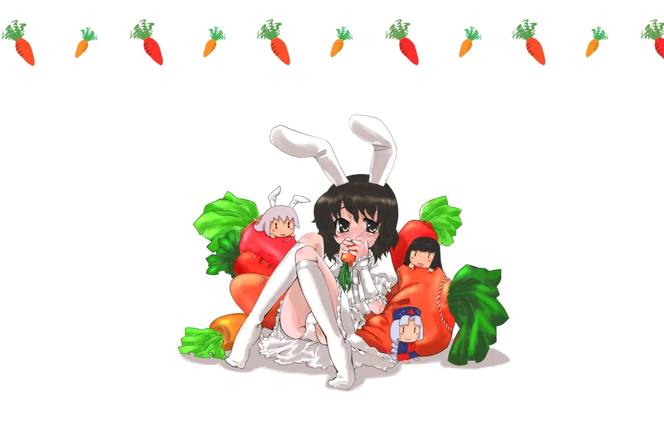 Photo wallpaper white background, sitting, ears, art, carrots, Touhou Project, Project East, Inaba Tewi