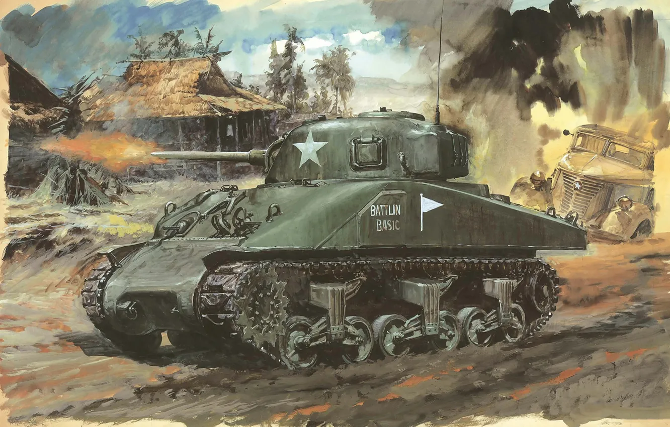 Photo wallpaper figure, art, tank, the battle, all, American, army, M4A1