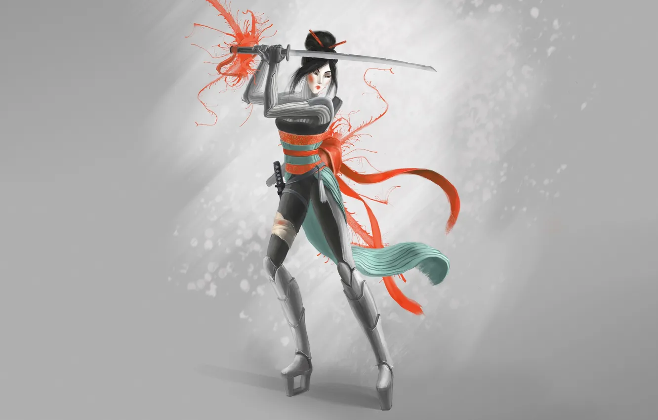 Photo wallpaper girl, paint, boots, art, Asian, grey background, katana sword
