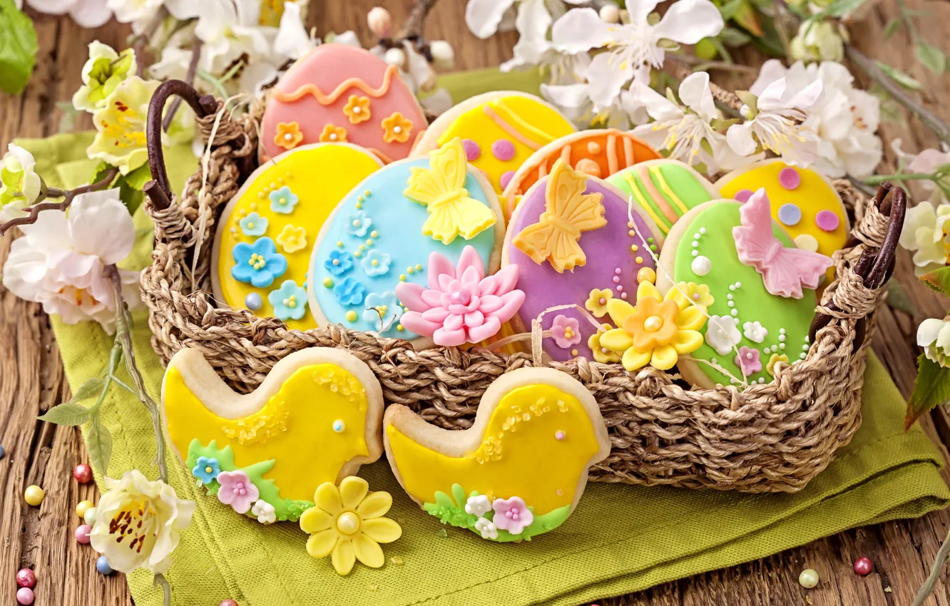 Photo wallpaper spring, colorful, cookies, Easter, flowers, sweet, glaze, eggs