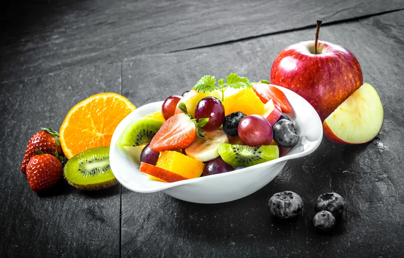Photo wallpaper plate, fruit, fresh, dessert, fruits