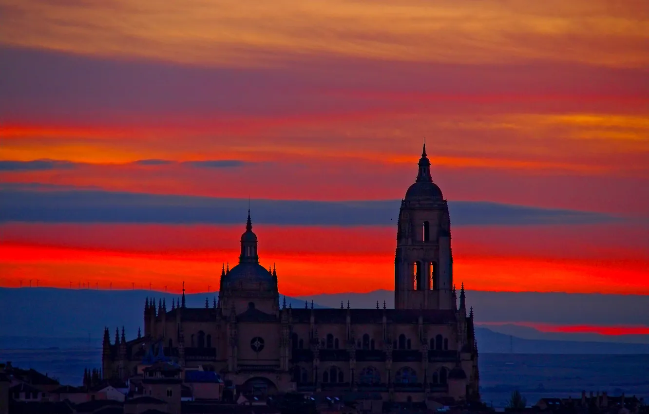 Photo wallpaper the sky, clouds, landscape, Cathedral, glow, Spain, Segovia