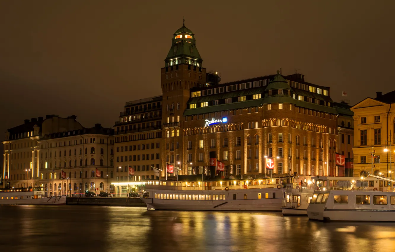Photo wallpaper night, the city, river, photo, home, Sweden, Stockholm