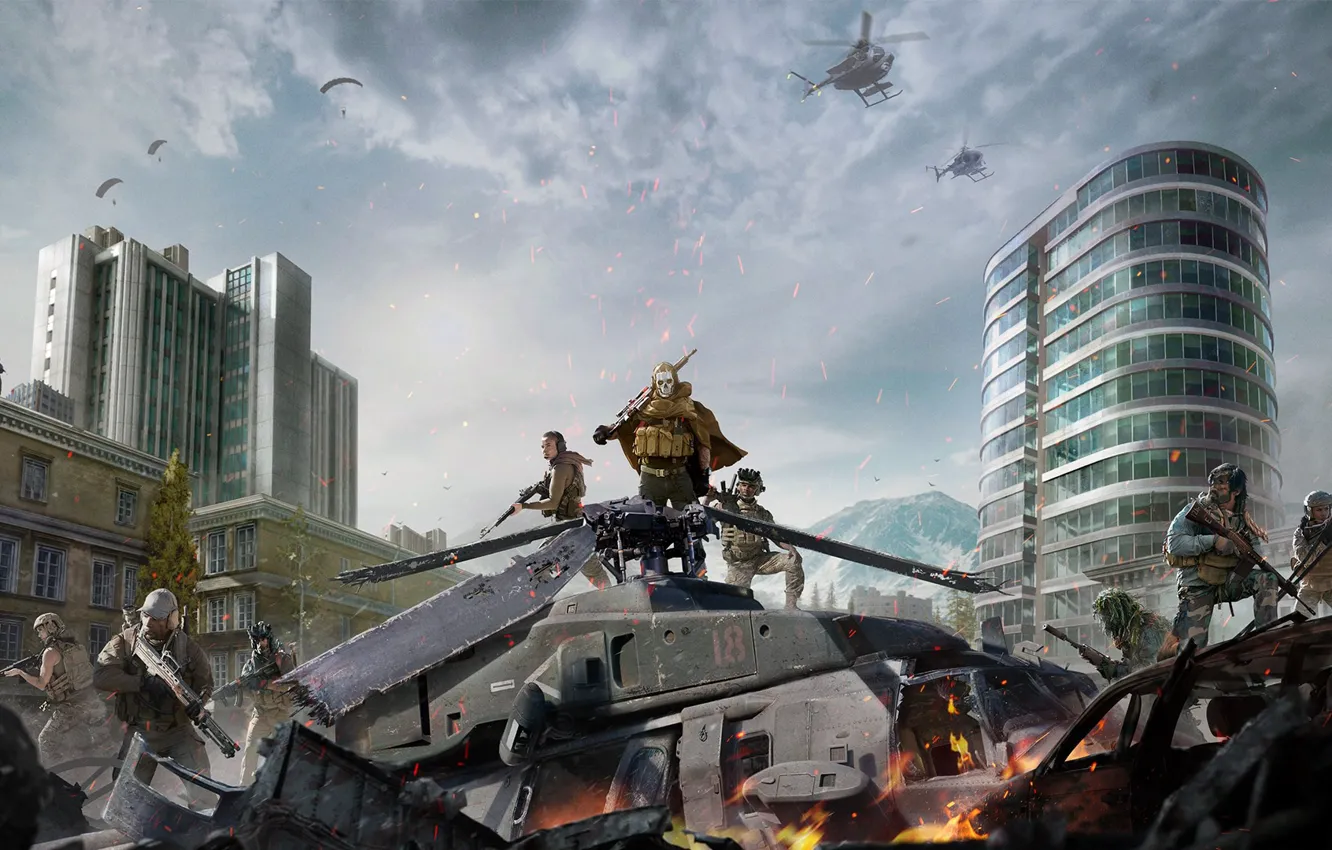 Photo wallpaper The sky, Clouds, Mountains, Fire, The building, Weapons, Call of Duty, Military