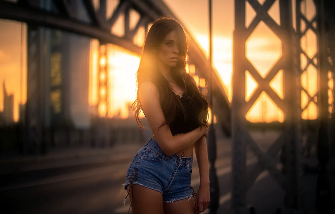 Photo wallpaper road, summer, girl, sunset, bridge, face, city, pose
