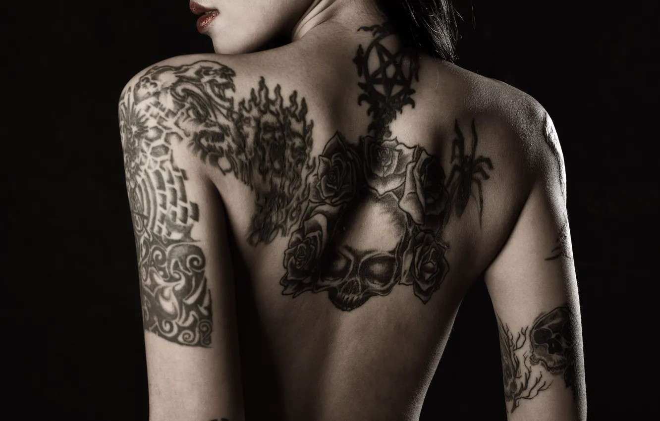 Photo wallpaper girl, back, skull, tattoo, tattoo, black background