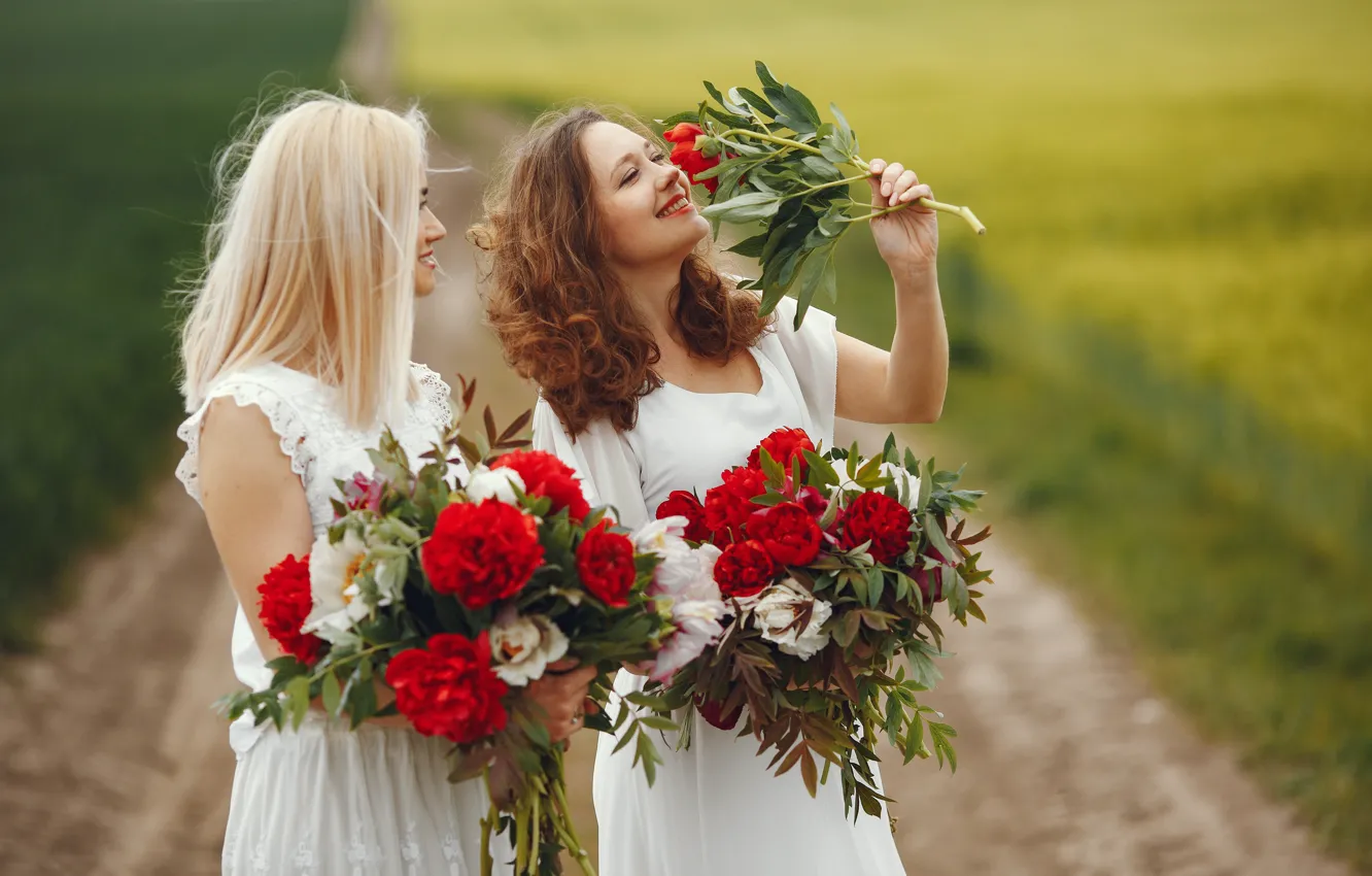 Photo wallpaper field, girl, flowers, woman, bouquet
