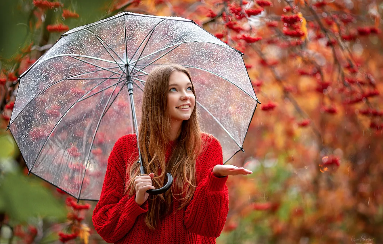 Photo wallpaper autumn, drops, smile, rain, Girl, umbrella, Rowan, Christina