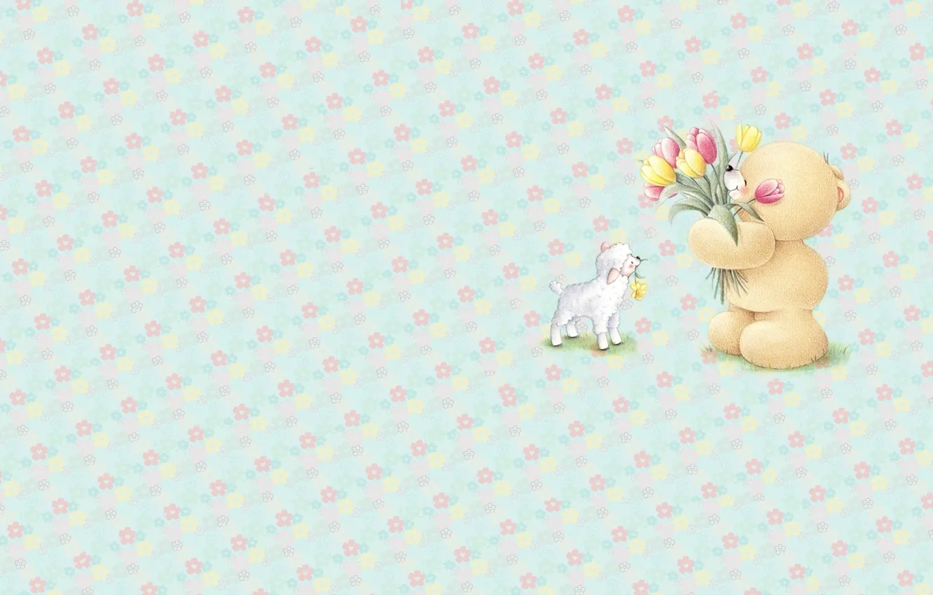 Photo wallpaper summer, flowers, mood, minimalism, bouquet, art, bear, tulips