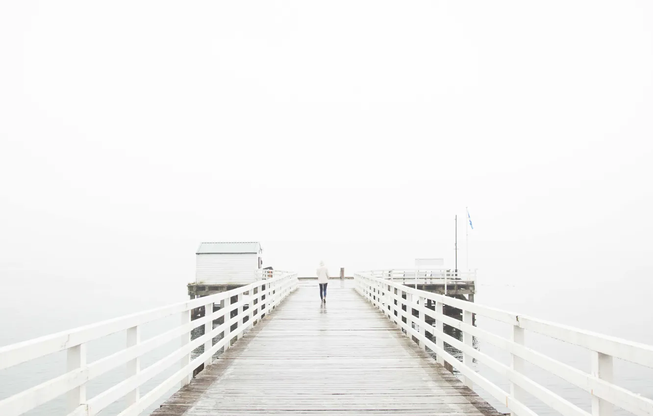 Photo wallpaper girl, wet, sea, ocean, fog, pier, mist, cloudy