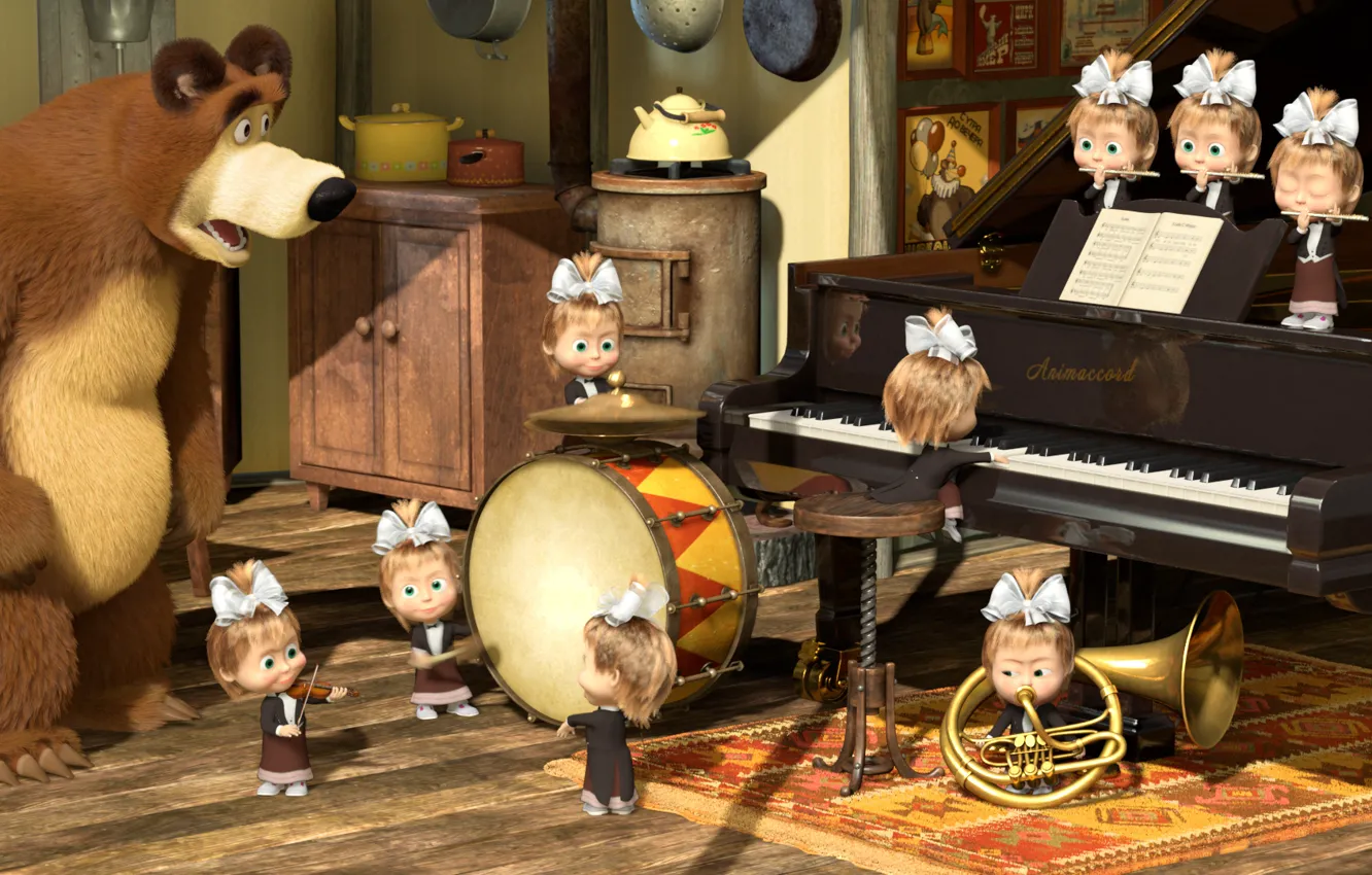 Photo wallpaper cartoon, piano, pipe, drum, Masha and the bear, orchestra