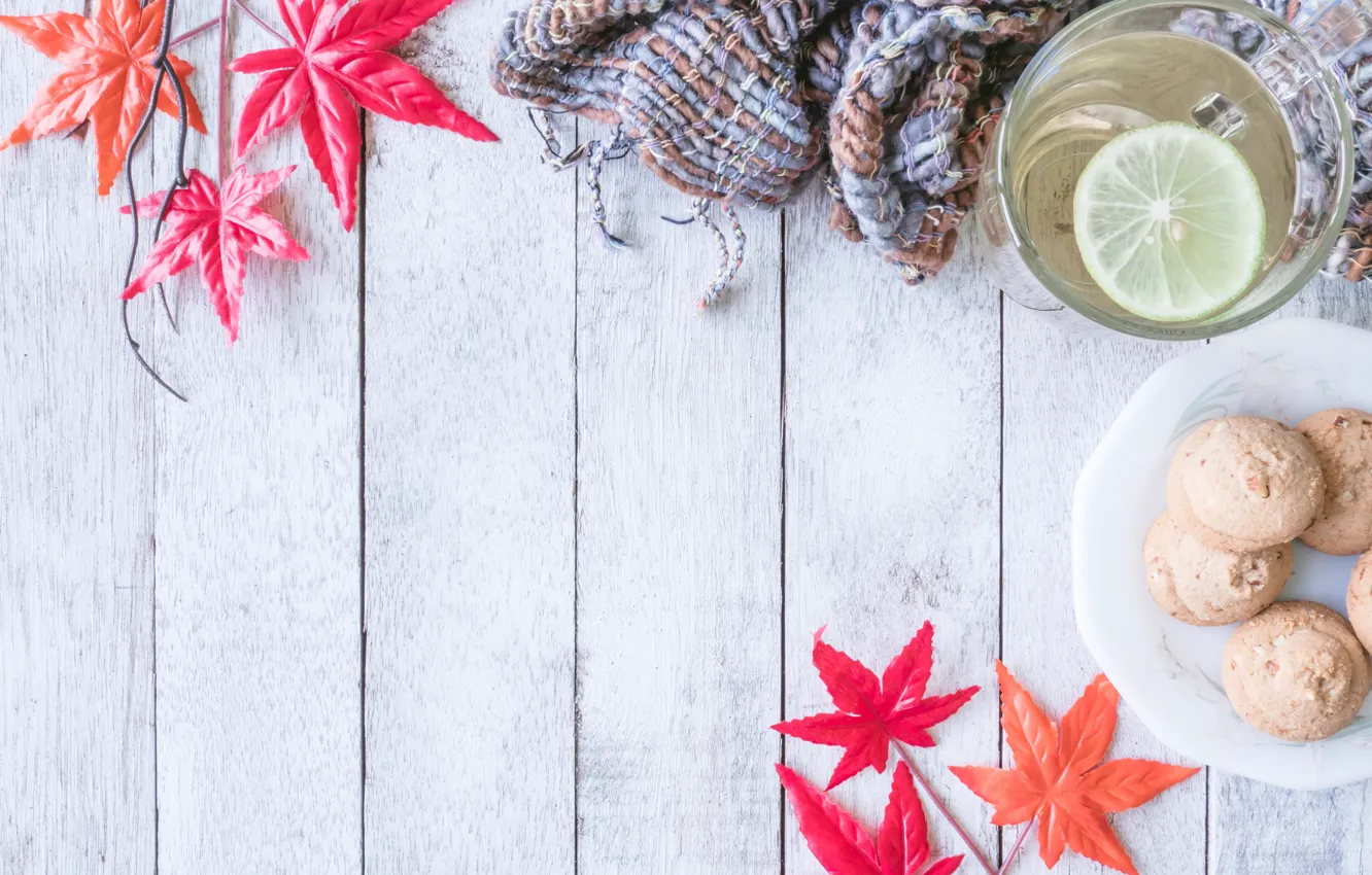 Photo wallpaper autumn, leaves, trees, background, scarf, cookies, red, maple
