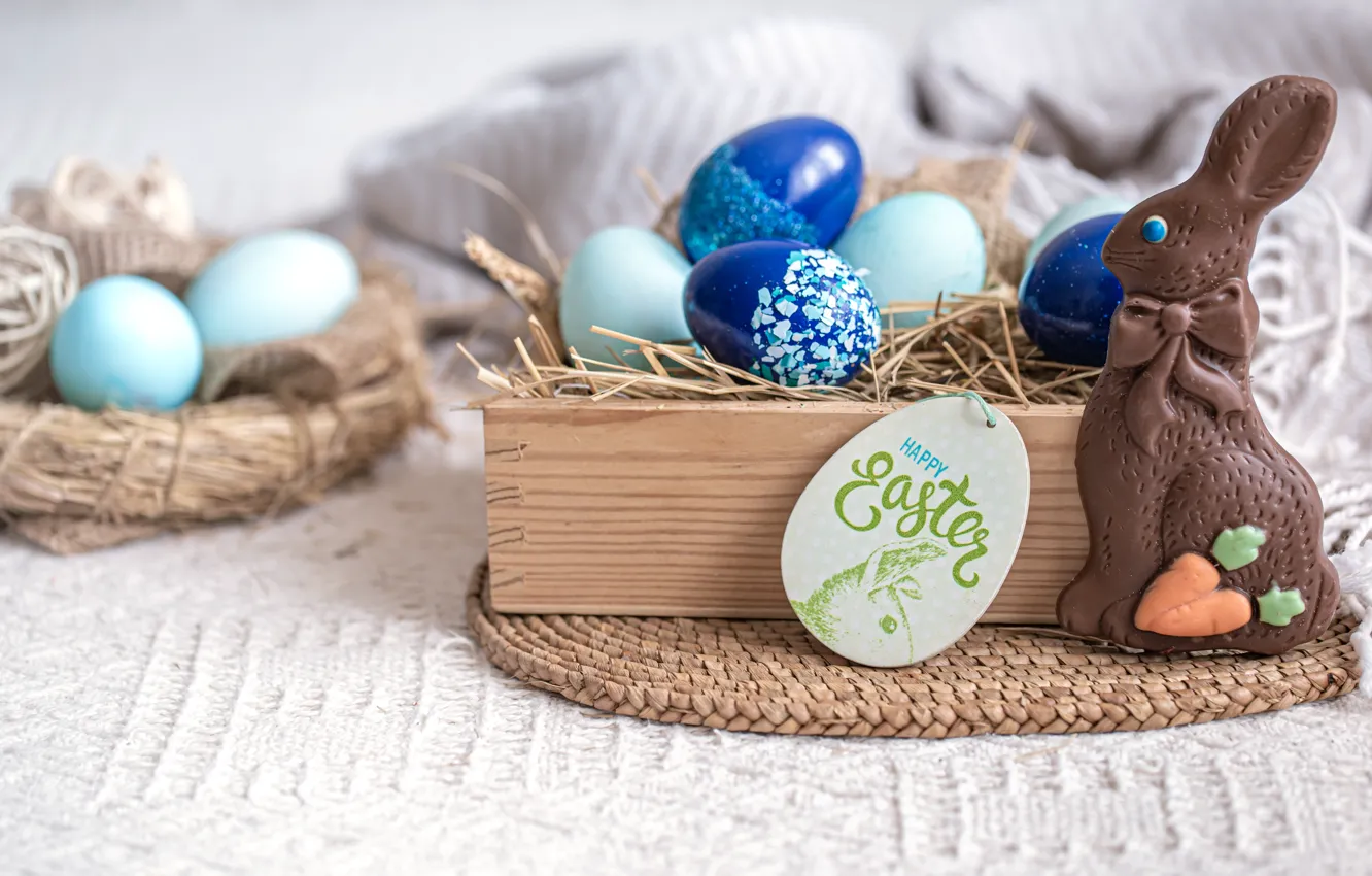 Photo wallpaper blue, chocolate, candy, table, holiday, eggs, fabric, rabbit