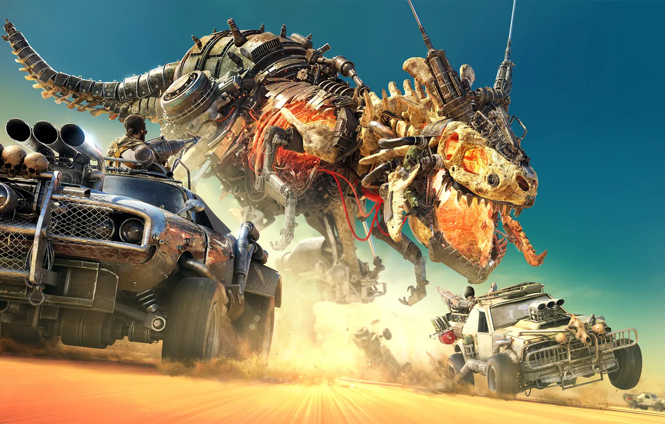Photo wallpaper machine, desert, robot, dinosaur, chase, postapokalipsis, car