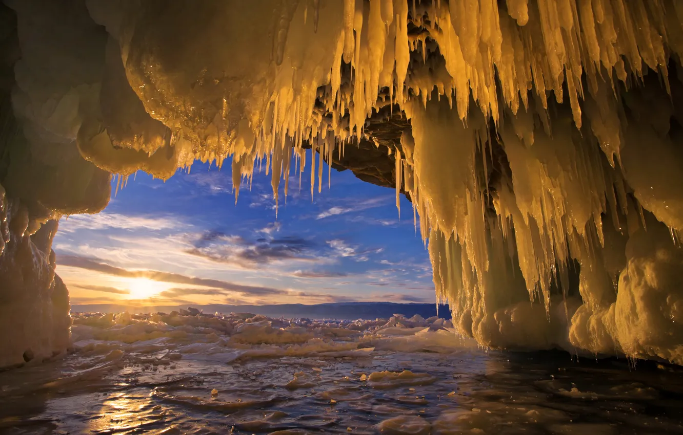 Photo wallpaper ice, sunset, lake, icicles, Baikal, Russia, the grotto, Baikal