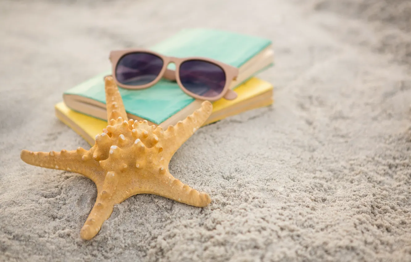 Photo wallpaper sand, sea, beach, summer, stay, star, glasses, book