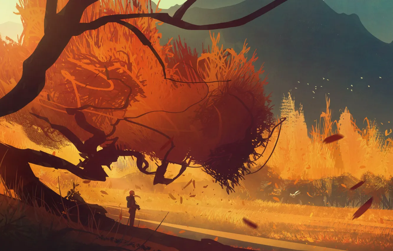 Photo wallpaper autumn, girl, trees, mood, the wind, beauty, art