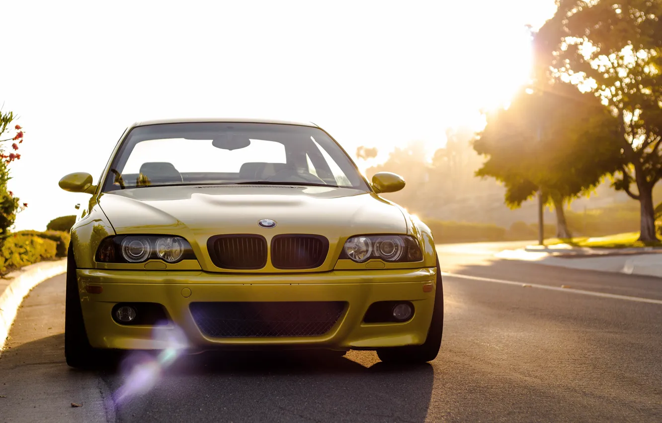 Photo wallpaper BMW, E46, M3, Front view, Yellow metallic