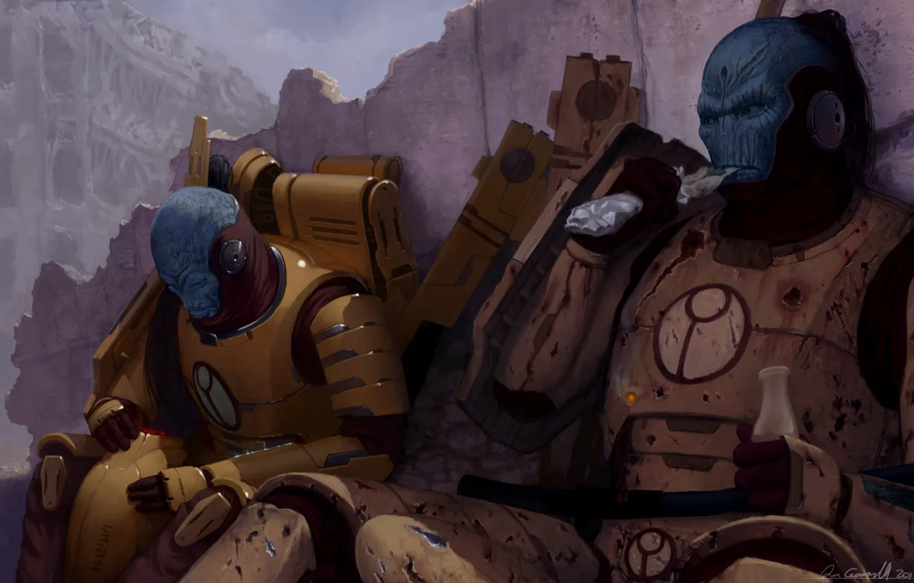 Photo wallpaper the city, lights, weapons, war, warrior, veteran, ruins, fighter