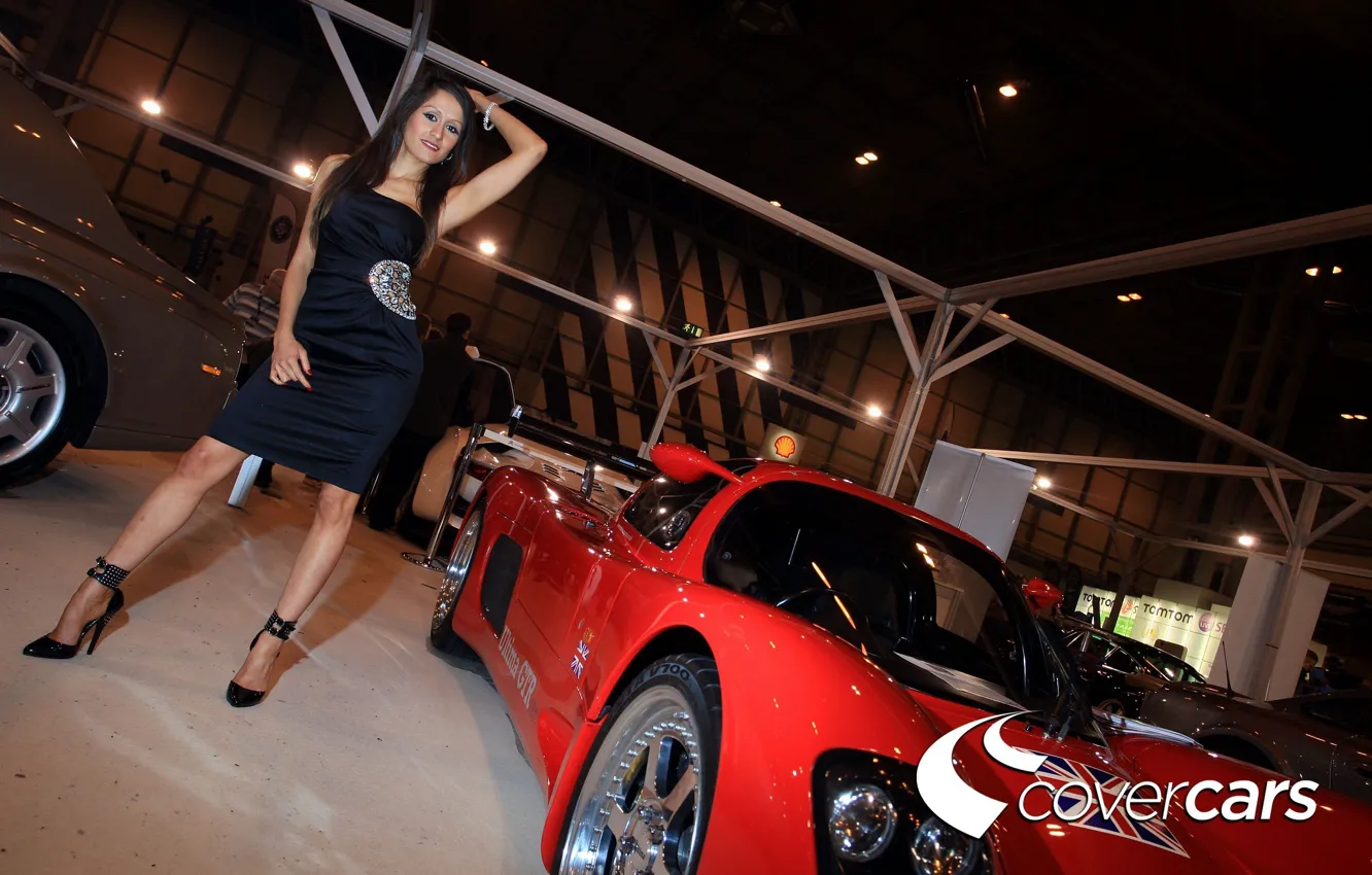 Photo wallpaper standing next to a red sports car, in a black dress, Beautiful girl, Girls, the …