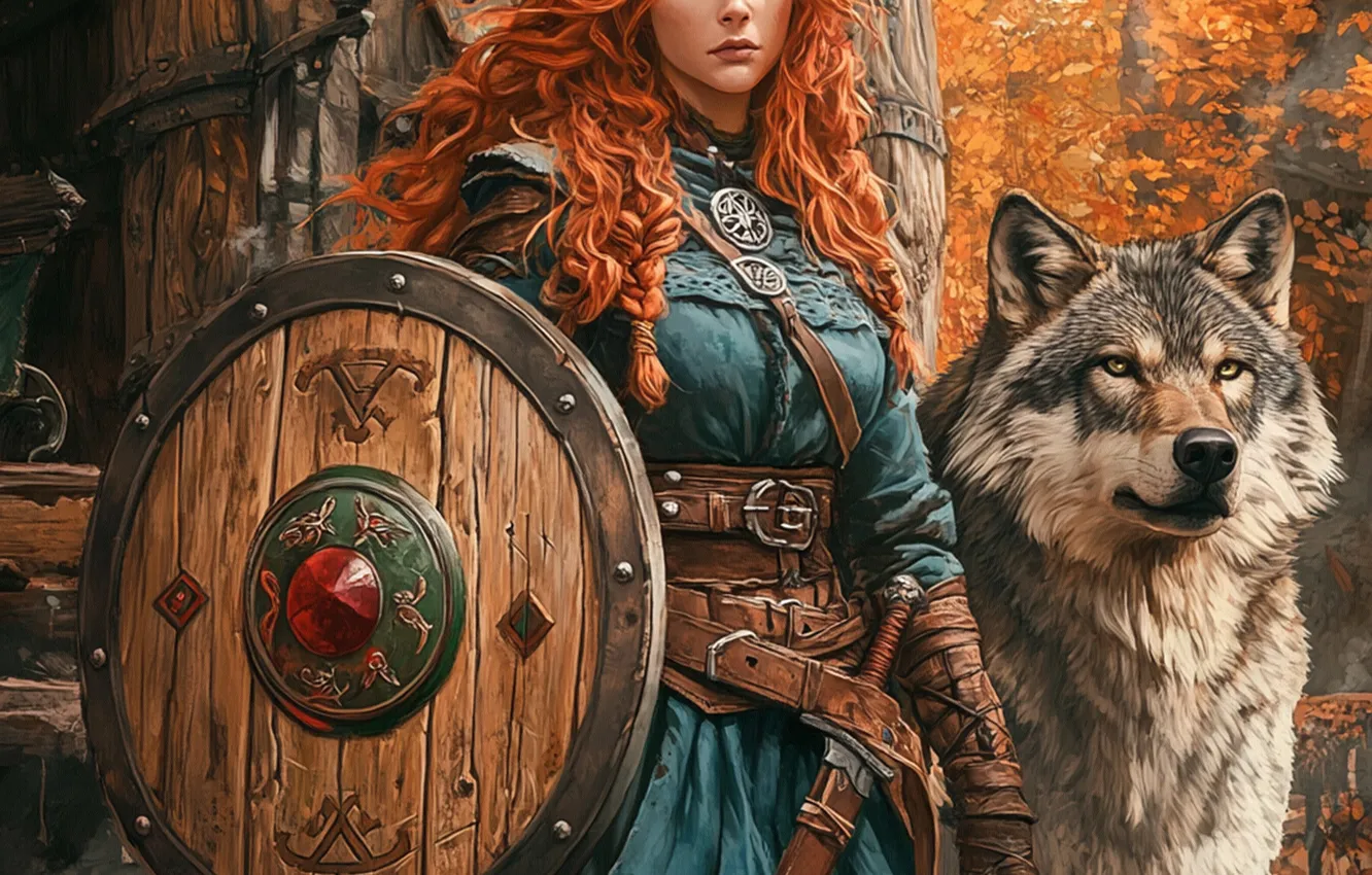 Photo wallpaper girl, wolf, warrior, redhead, AI art, neural network