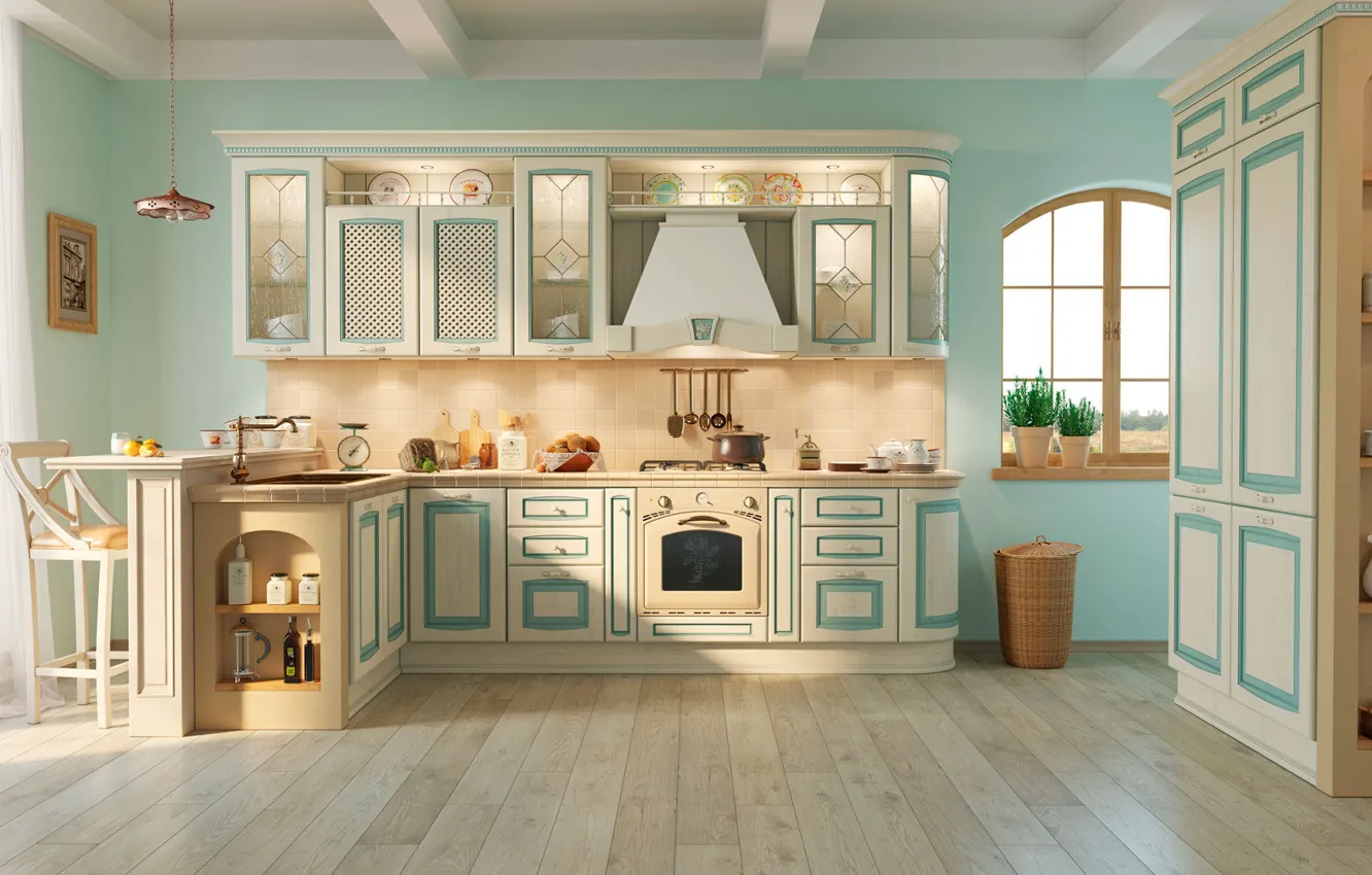 Photo wallpaper design, blue, furniture, interior, kitchen, beige