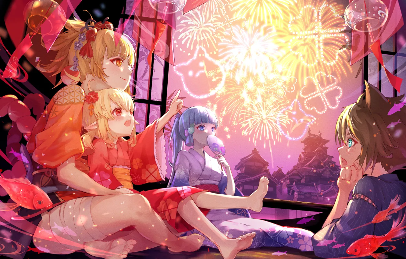 Photo wallpaper children, girls, elves, fireworks, Genshin Impact, Yoimiya, Kamisato Ayaka, Clover