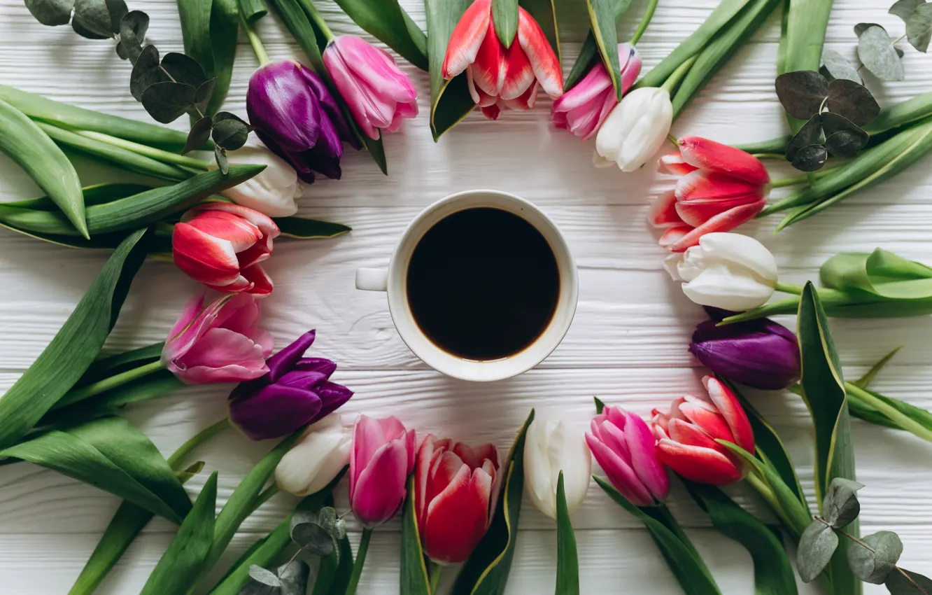 Photo wallpaper flowers, coffee, tulips, drink