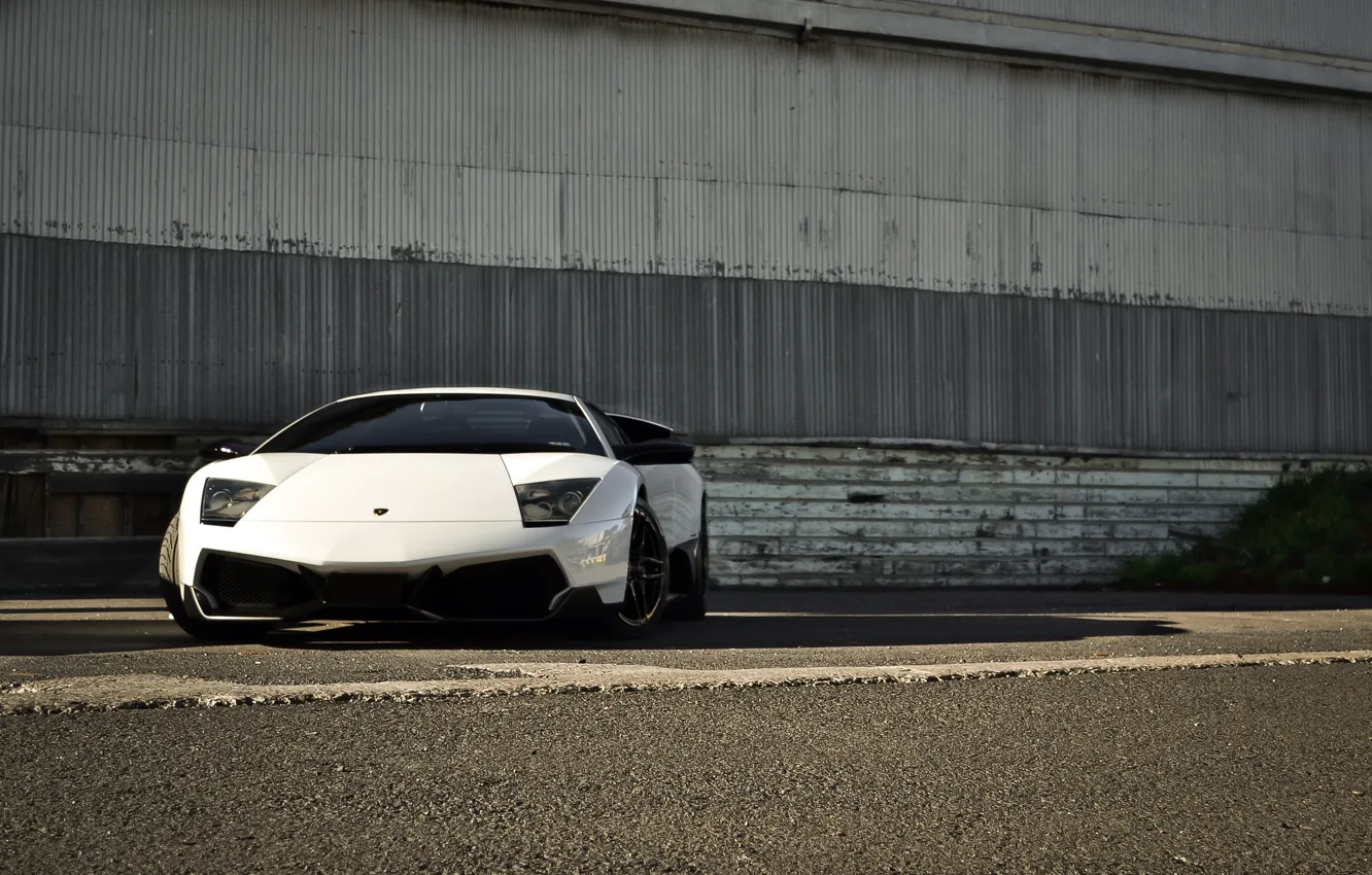 Photo wallpaper white, asphalt, wall, shadow, white, lamborghini, front view, murcielago