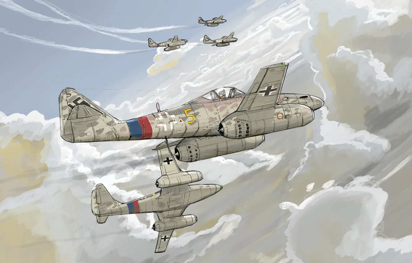 Photo wallpaper the sky, clouds, figure, fighter, jet, Messer Schmit, Air force, Swallow