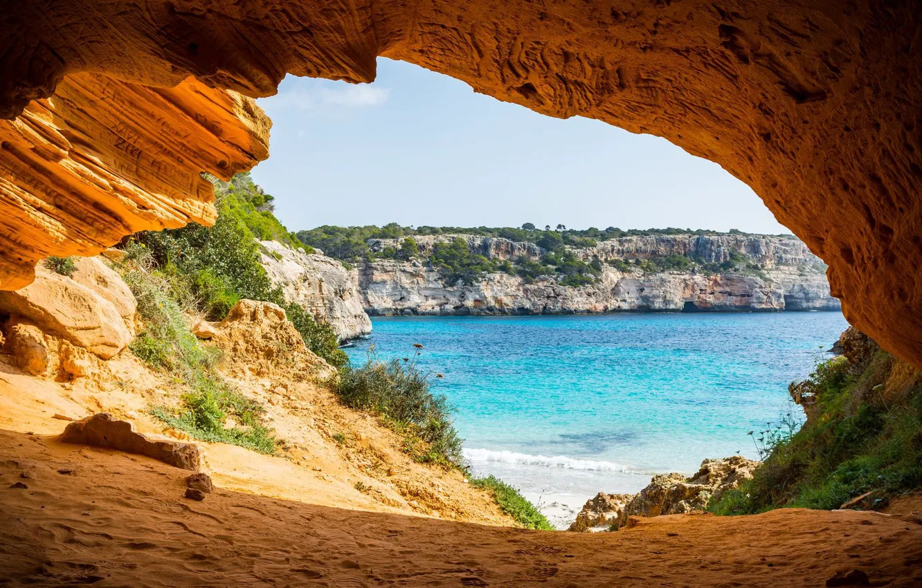 Photo wallpaper sea, shore, arch, the grotto, Mallorca, park Mondrago