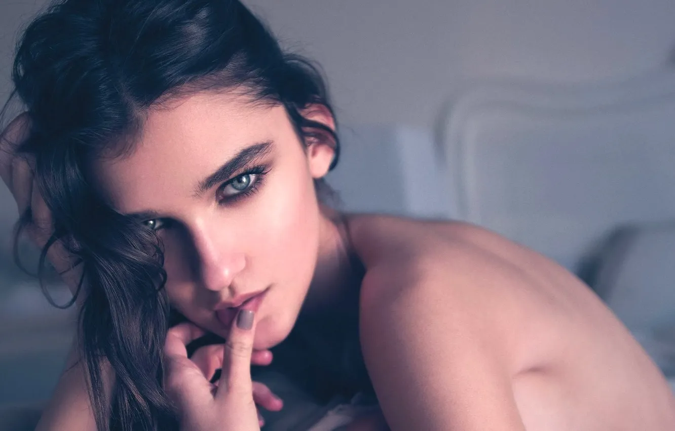 Photo wallpaper girl, blue eyes, model, brunette, dark hair, portrait, closeup, finger on lips