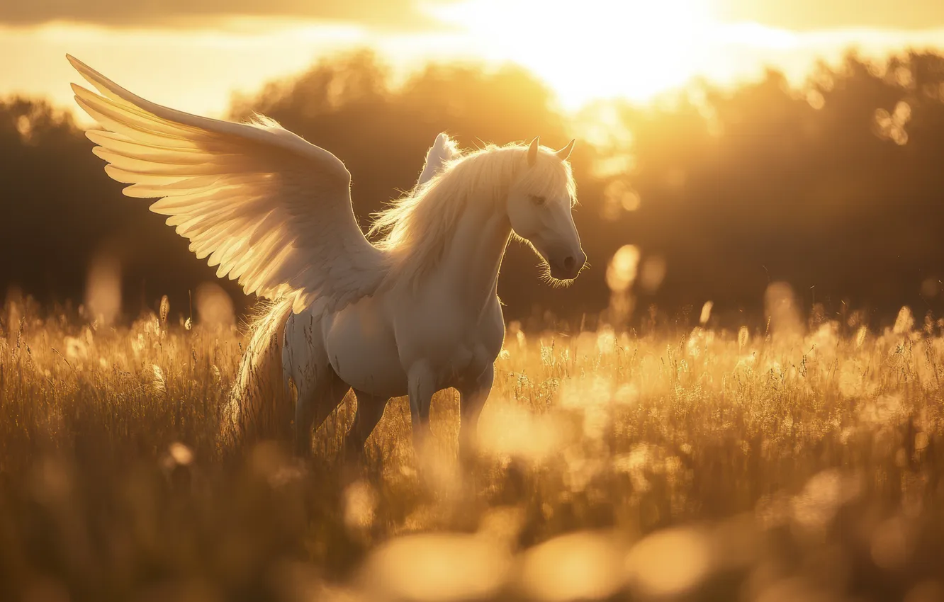 Photo wallpaper field, grass, clouds, dawn, horse, wings, Pegasus, digital art