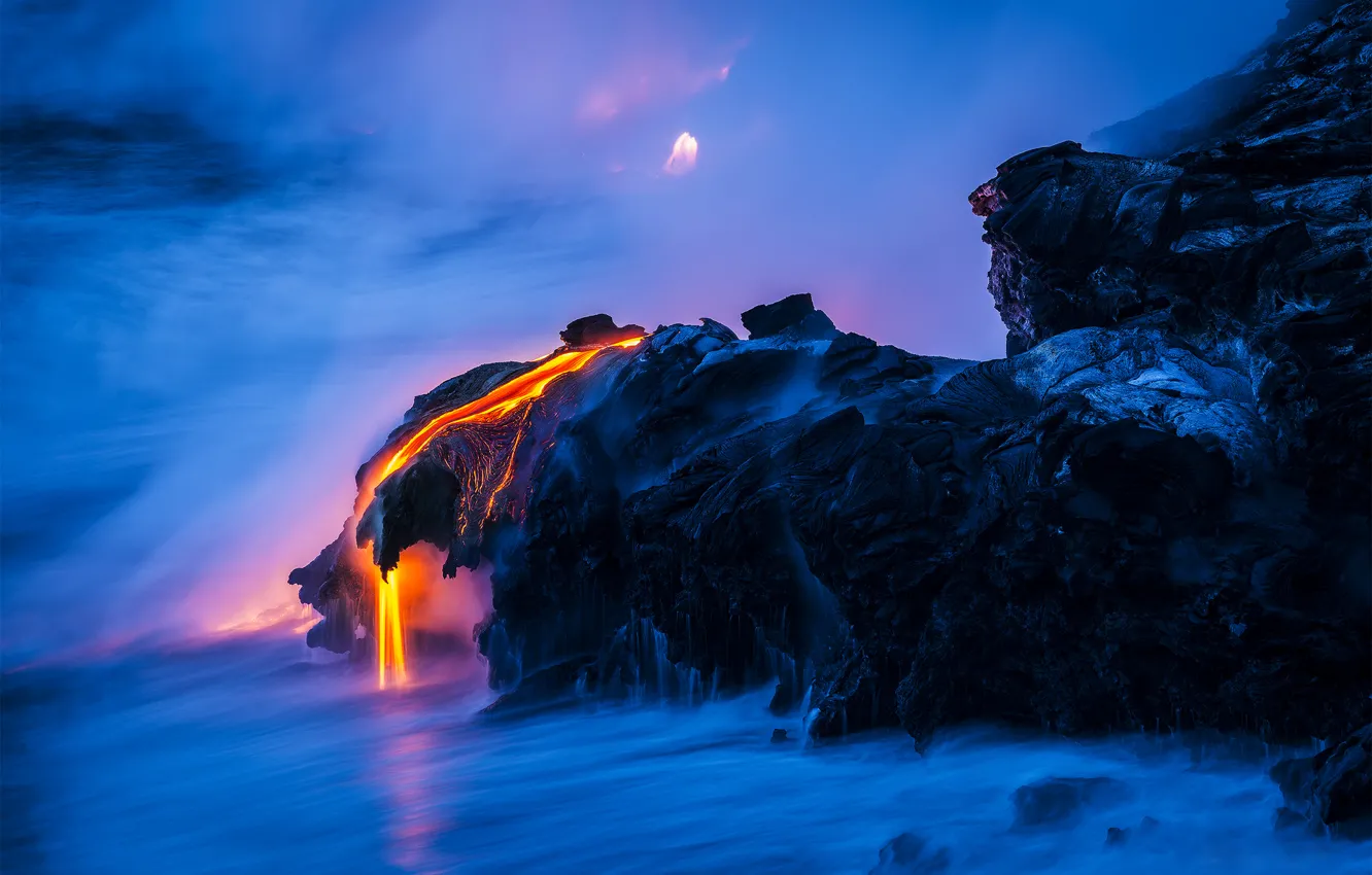 Photo wallpaper sea, water, nature, rocks, excerpt, lava, magma