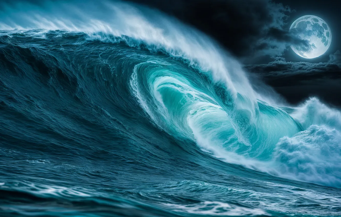 Photo wallpaper wave, water, night, realism, the ocean, the moon