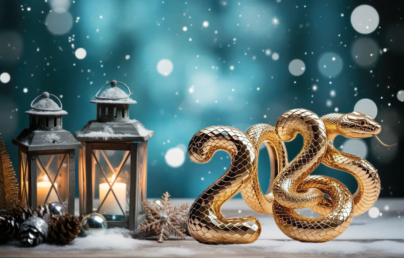 Photo wallpaper snow, decoration, tree, new year, figures, golden, Snake, winter