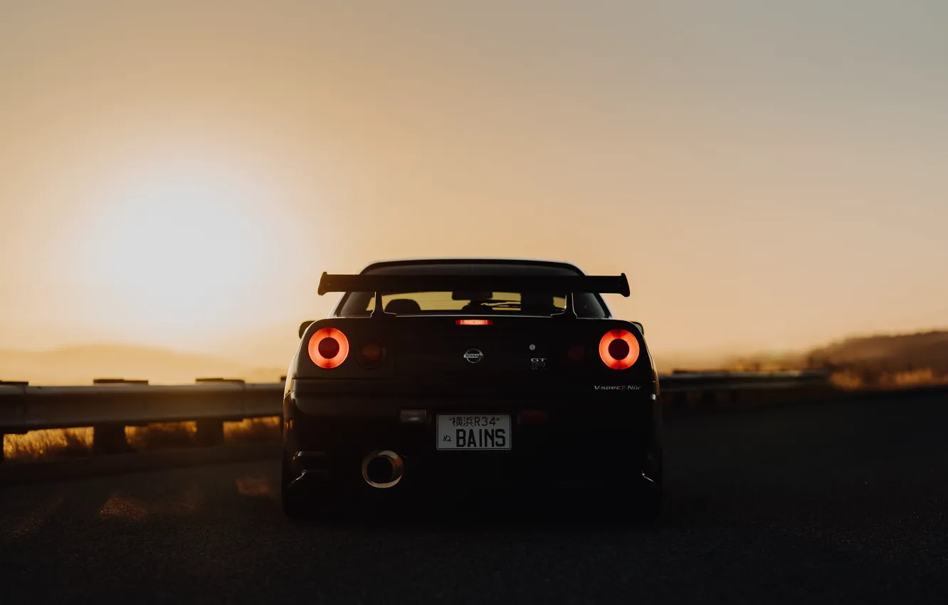 Photo wallpaper GT-R, Sunset, Rear view, R34, V-Spec II Only