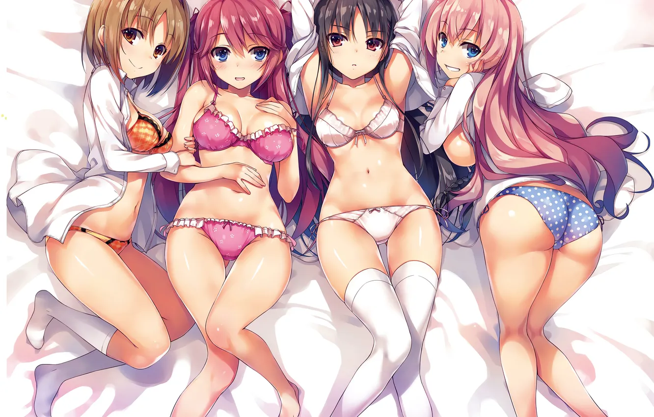 Photo wallpaper sexy, lingerie, ass, bra, cleavage, panties, thighhighs, pink hair