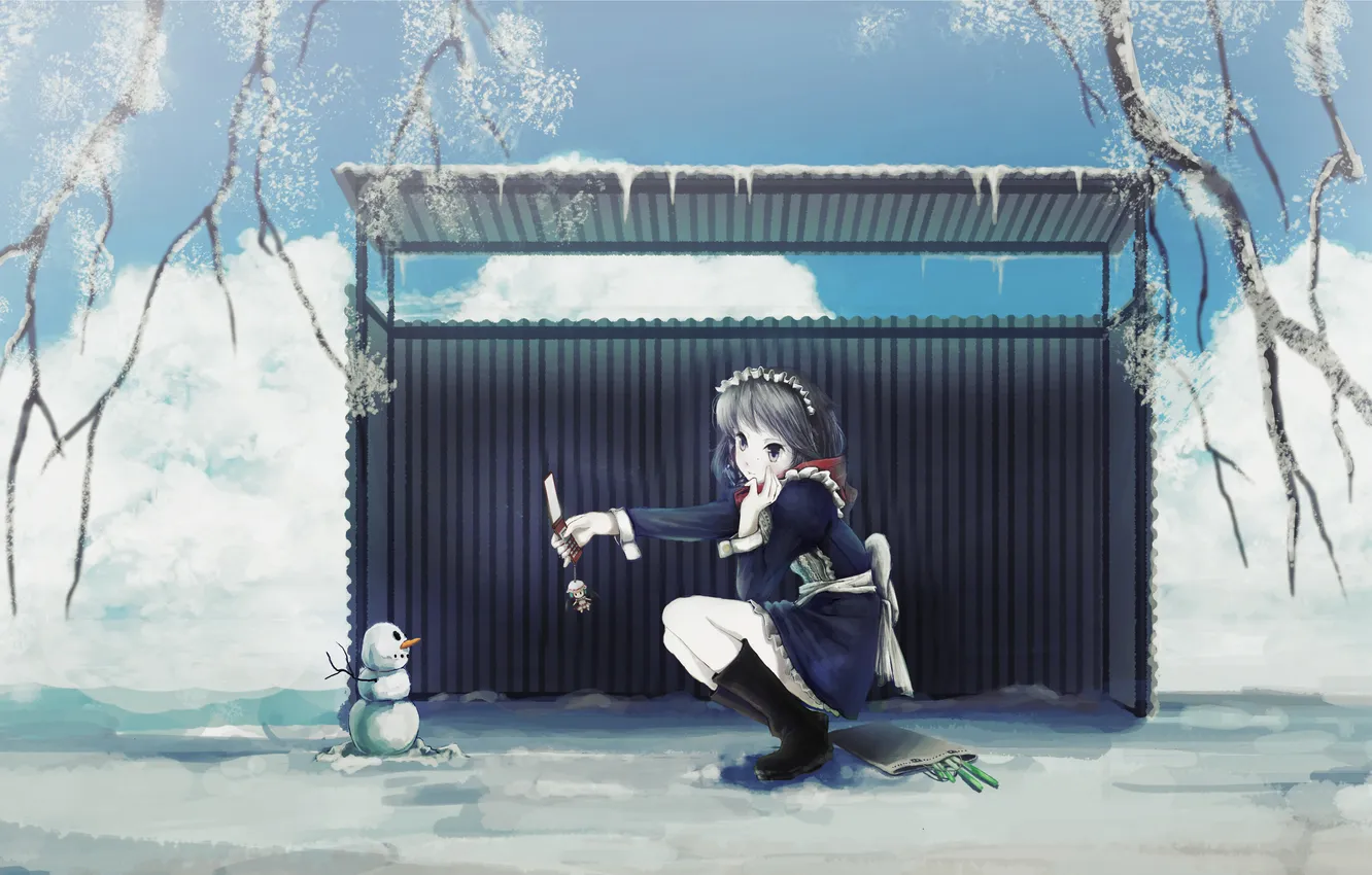 Photo wallpaper winter, look, girl, snow, branches, package, blush, phone